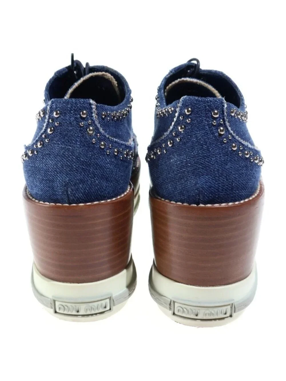 Miu Miu Studded Decoration Wood Sole Heels Denim Platform Sneakers Indigo